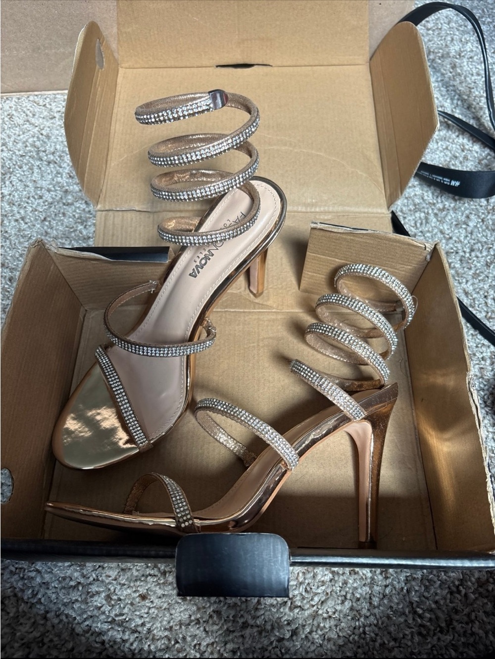 Fashion Nova Rose Gold Rhinestone Spiral Strap Heels